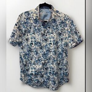 Robert Graham Floral Print Blue Short Sleeve Cotton Button Down Casual Shirt L